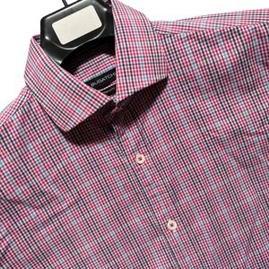 Bugatchi Mens Shirt Small Shaped Fit Pink Blue Gingham Long Sleeve Spread Collar